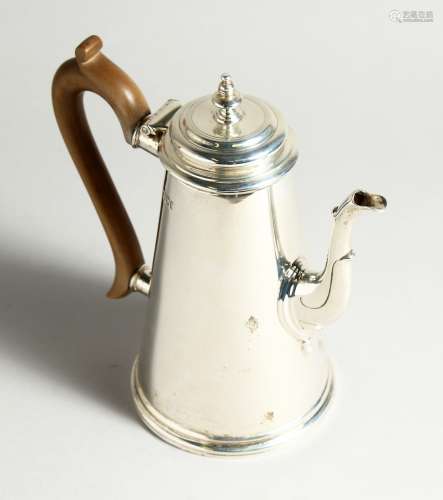 A GOOD SILVER TAPERING COFFEE POT with wooden handles London...