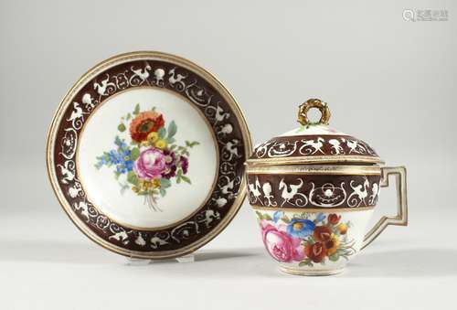 A DRESDEN AUGUSTUS REX CORDIAL CUP AND SAUCER AND LID, paint...