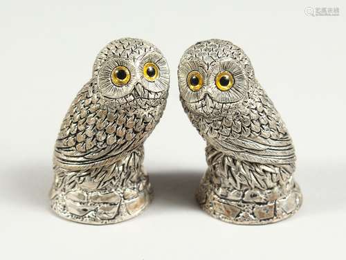 A PAIR OF .925 SILVER PLATED OWL SALT AND PEPPERS