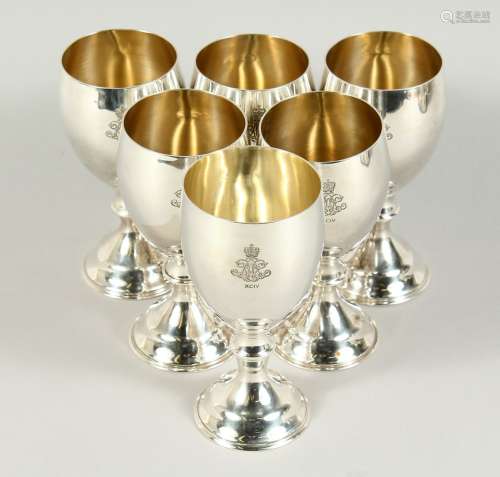 A SET OF SIX SILVER GOBLETS, 6 ins high with crest, Crown XC...