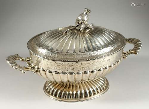 A LARGE CONTINENTAL SILVER TWO HANDLED OVAL TUREEN AND COVER...
