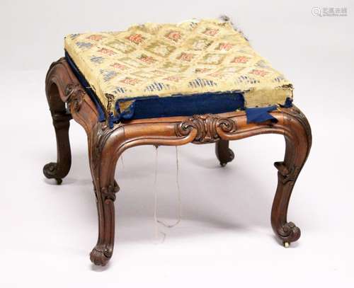 A GOOD VICTORIAN UPHOLSTERED STOOL, with well carved rosewoo...