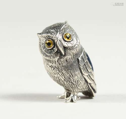 A CAST SILVER NOVELTY OWL PIN CUSHION.