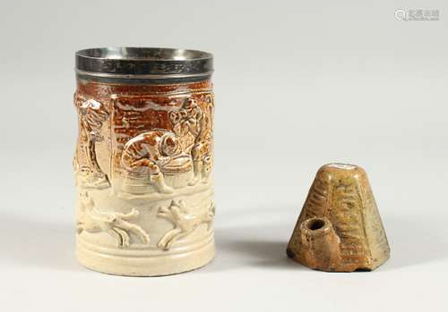 A SALTGLAZE TANKARD with hunting scenes with silver band, 5i...