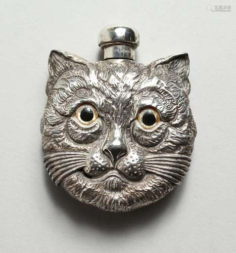 A HEAVY SOLID SILVER CAT FACES PERFUME BOTTLE 2.5ins high