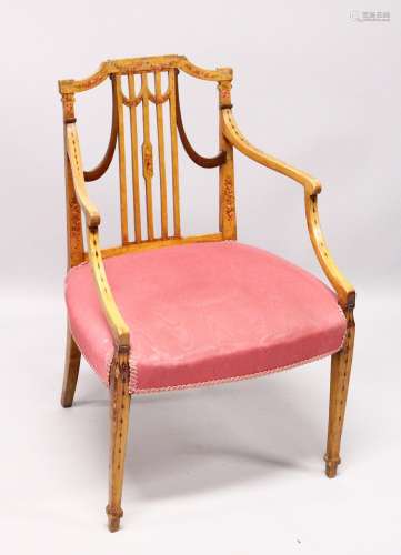 A SHERATON SATINWOOD PAINTED ARM CHAIR, with railed back, pa...