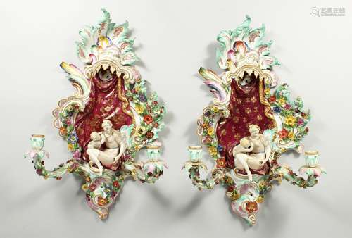 A GOOD PAIR OF MEISSEN PORCELAIN TWO LIGHT WALL SCONCES encr...