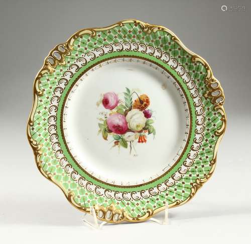 A DAVENPORT PLATE, the centre painted with flowers 9ins diam...