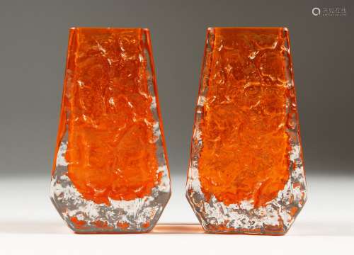 A PAIR OF WHITEFRIARS ORANGE COFFIN VASES 5ins high.