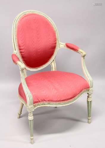 AN ADAM PAINTED WOOD OVAL BACK ARM CHAIR, with sepentine fro...