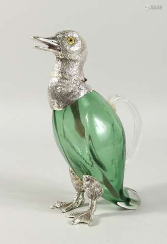 A GOOD GLASS DUCK CLARET JUG with plated head and feet 10ins...