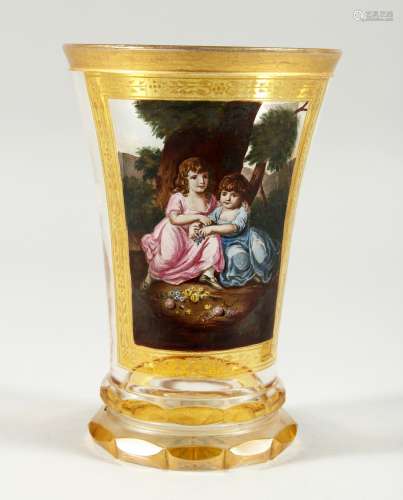 A SUPERB VIENNA GLASS BEAKER painted with a panel of two chi...