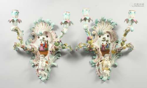 A GOOD PAIR OF MEISSEN PORCELAIN TWO LIGHT WALL SCONCES with...