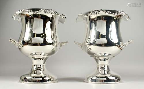 A GOOD PAIR OF TWO HANDLED URN SHAPED WINE COOLERS with frui...