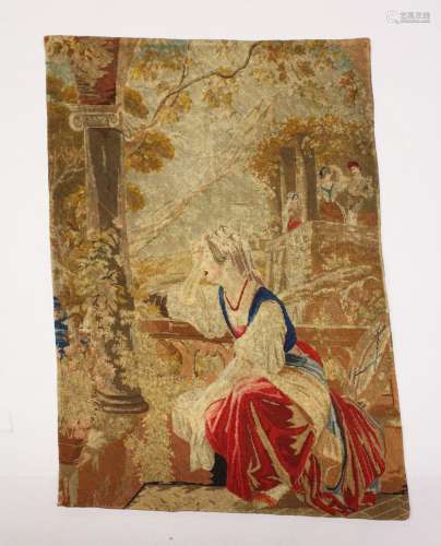 AN EARLY NEEDLEWORK FABRIC, lady seated beside an open windo...
