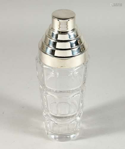 A GLASS AND PLATED TOP COCKTAIL SHAKER