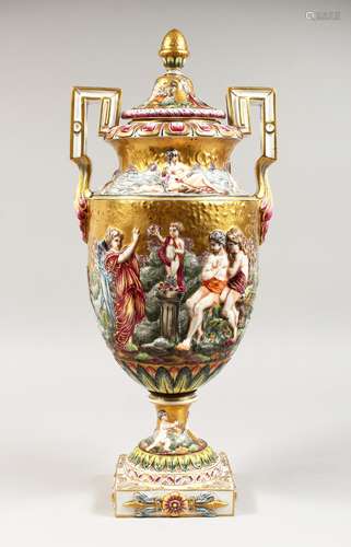 A SUPERB LARGE CAPODIMONTE TWO HANDLED URN SHAPE VASE AND CO...