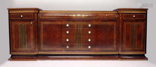 A SUPERB WALNUT INLAID SIDEBOARD AND SIDE PIECES BY DAVID LI...