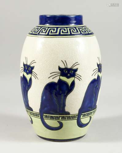 AN ART DECO DESIGN VASE with blue cats and key pattern. 12in...