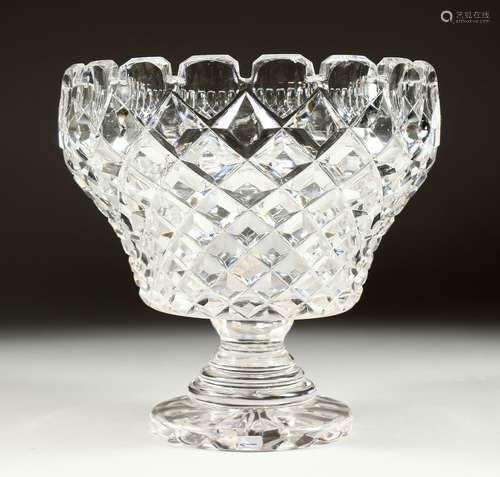 A LARGE WALSH SIGNED CUT GLASS PEDESTAL FRUIT BOWL, 9ins x 9...