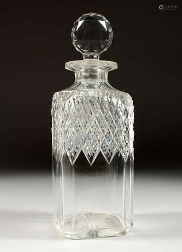 A CUT GLASS SQUARE WHISKEY DECANTER AND STOPPER