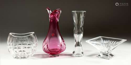 A PINK WATERFORD VASE, 9ins high. A SQUARE VASE AND TALL VAS...