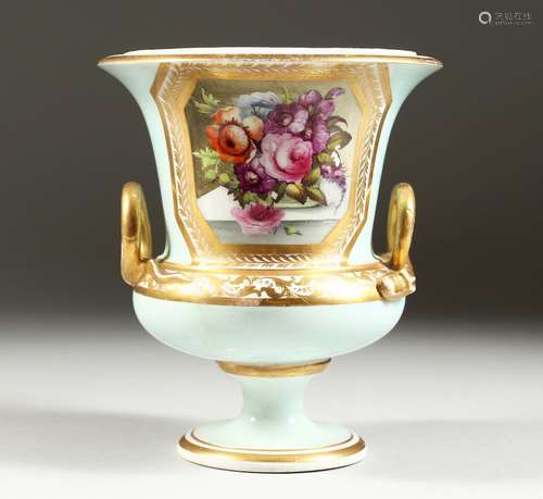 A DERBY COMPOUND TWO HANDLED URN, painted with a panel of fl...