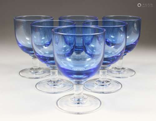 A BOX OF 6 WILLIAM YEOWARD CLEAR BLUE WINE GLASSES.