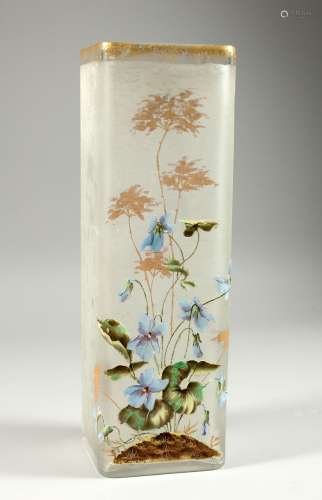 A FRENCH OPAQUE SQUARE SHAPED GLASS VASE painted with flower...