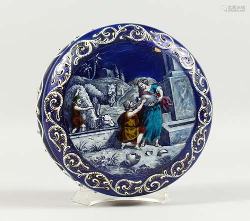 A BLUEGLASS CIRCULAR BOX AND LID with enamel decoration at t...