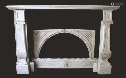 A GOOD CARVED MARBLE FIREPLACE, with broad mantle supported ...