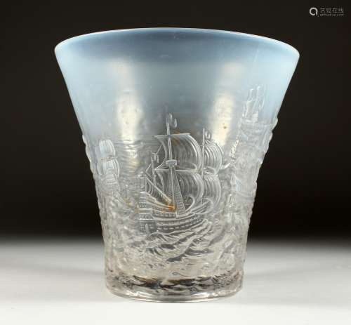 A BAROLAC DECO OPALESCENT RELIEF MOULDED GLASS ARMDON VASE s...