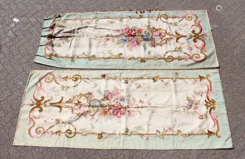 A SUPERB PAIR OF AUBUSSON FABRIC WALL HANGINGS. 8ft x 3ft 10...