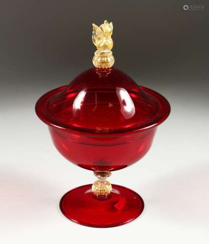 A SALVIATI RED JUG AND COVER with gilt seahorse handles 10in...
