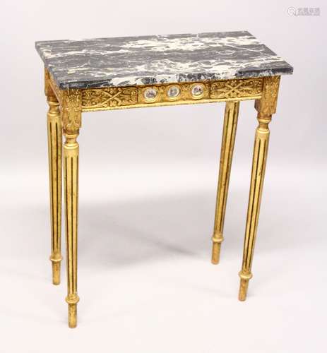 A SMALL GILDED SIDE TABLE, with marble top porcelain panels ...