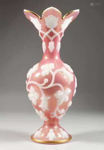 A GOOD BOHEMIAN PINK GLASS VASE, with pink flowers in relief...