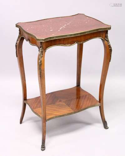 A SMALL 19TH CENTURY FRENCH, KINGWOOD, MARBLE TOP TWO TIER T...