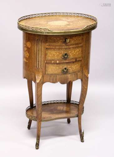 A GOOD 19TH CENTURY FRENCH OVAL THREE DRAWER COMMODE, with b...