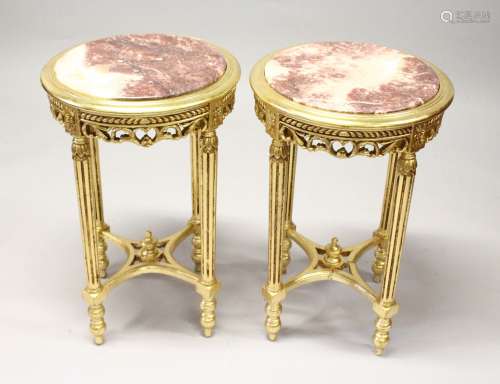 A PAIR OF FRENCH STYLE, ROUND, GILTWOOD AND MARBLE SQUARE SH...