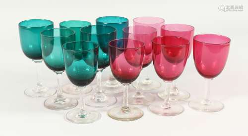 TWELVE VICTORIAN GLASSES, 6 cranberry and 6 green Victorian ...
