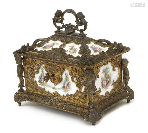 A circa 1900 French Rococó style porcelain and bronze jewell...