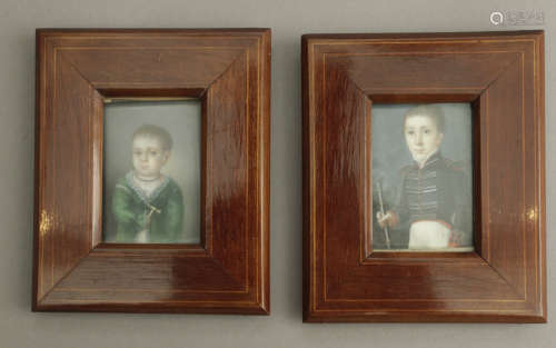 A pair of 19th century Spanish portrait miniatures of two ch...