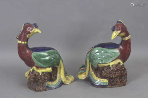 A pair of 19th century Chinese pheasant porcelain figures
