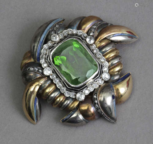 A first half of 20th century tourmaline and diamond brooch