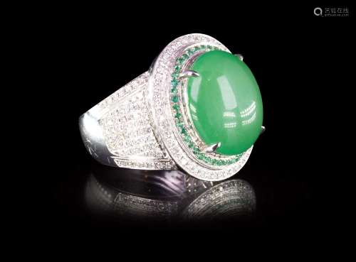 珠寶 天然緬甸高冰陽綠翡翠鑽石蛋面鑽戒