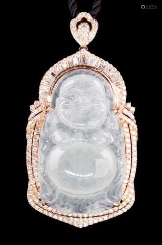 珠寶 天然緬甸翡翠玻璃種彌勒佛配鑽石掛墜