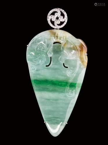 珠寶 天然緬甸翡翠冰種三彩螭龍鑽石掛墜
