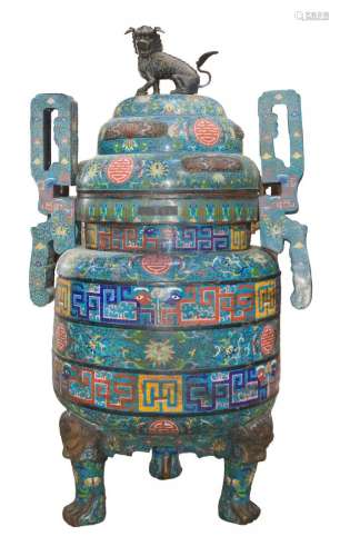 LARGE TEMPLE SIZE CLOISONNE BRONZE CENSER/BRAIZER