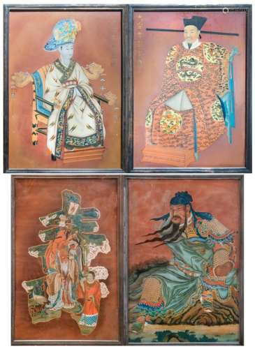 GROUP OF FOUR FRAMED REVERSE GLASS PAINTINGS