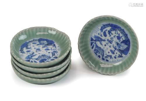 FIVE BLUE WHITE CELADON DISHES